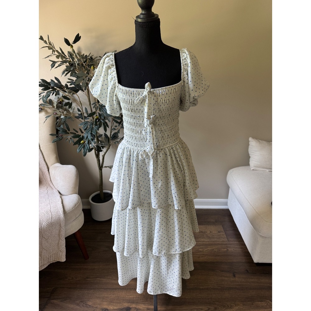 Francescas Polka Dot Smocked Tiered Midi Dress White Blue Puff Sleeve Large